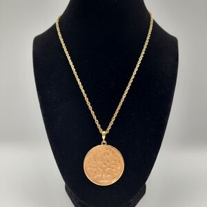 Vintage Gold Tone Medallion Pendant Necklace Coin Disc Statement Necklace